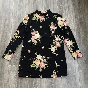 Leith - Black Long Sleeve Floral Mini Dress - Size M
